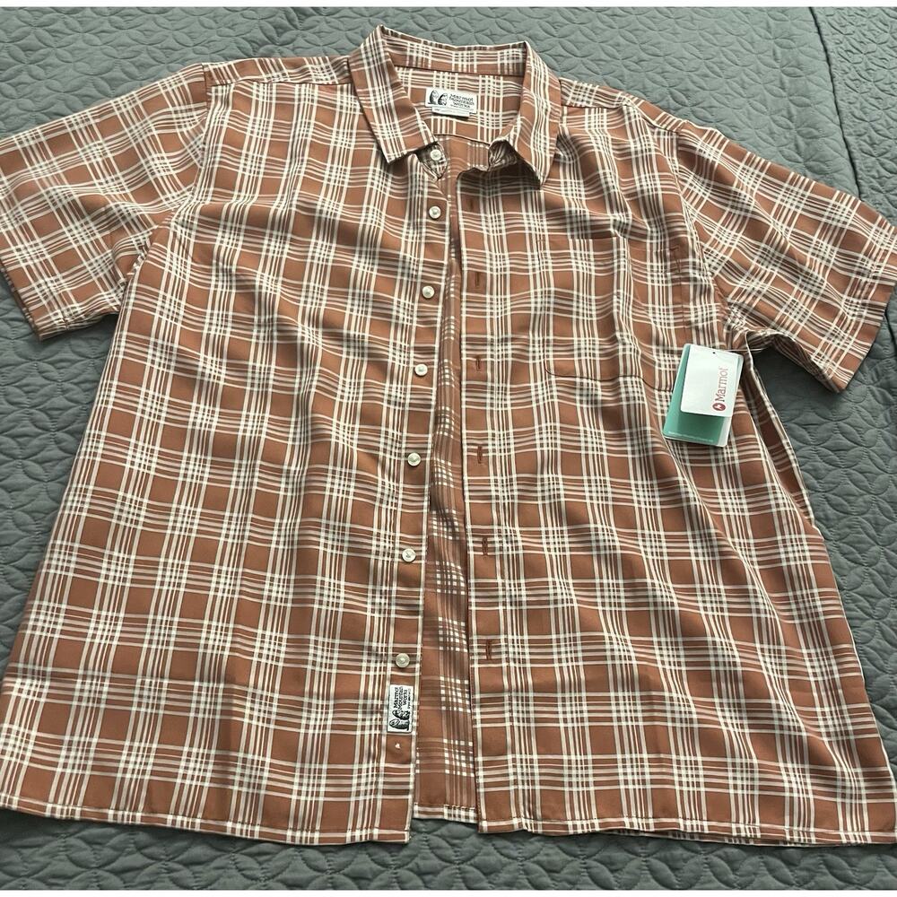 Marmot Mountain Works Orange Plaid Hiking Shirt 2XL Short Sleeve Outdoor